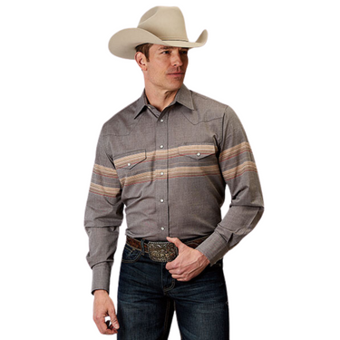 Men's Long Sleeve Border Stripe Snap Shirt by Roper 01-001-0043-0367 GY