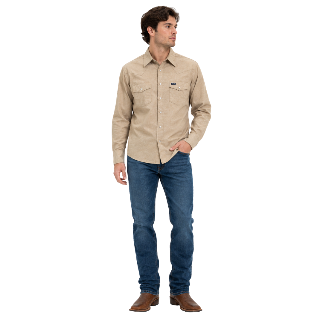 Men's Wrangler Khaki Cowboy Cut Long Sleeve Western Snap Chambray Work Shirt 112381688 XL / Regular