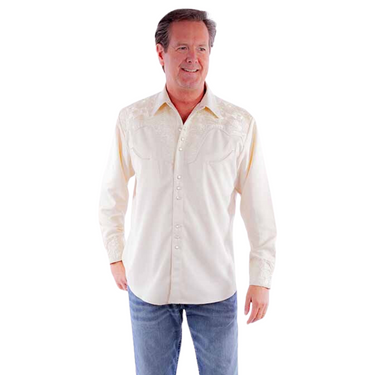 Men's Ivory Embroidered Long Sleeve Shirt By Scully P-634 IVO
