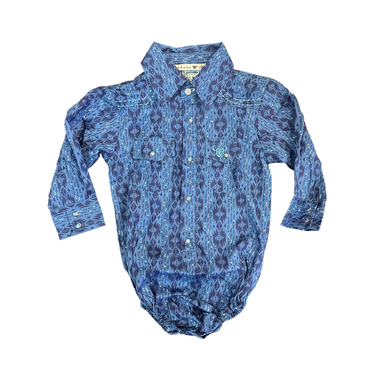 Infant Tonal Aztec L/S Print Romper, Blue - 725518R-400-I