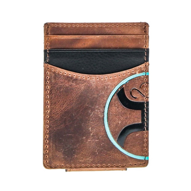 "Hooey 2.0" Brown Embossed Leather Money Clip w/ Black & Turquoise Logo - HMC029-BRBK