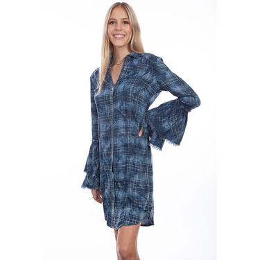 Bell Sleeve Dress in Washed Plaid Denim HC648