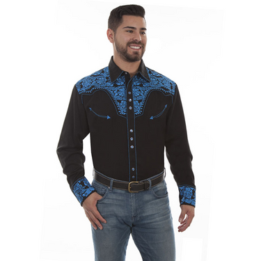Men's Royal Blue Floral Tool Embroidered Western Shirt by Scully P-634