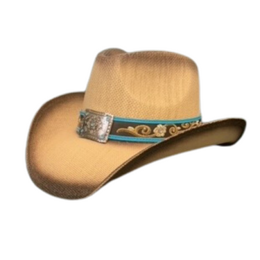 Light Brown Cowboy Hat with Turquoise Striped Band ST-119