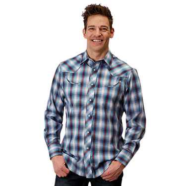 Men's Long Sleeve Americana Plaid Embroidered Snap Shirt by Roper 01-001-0016-3006 GY