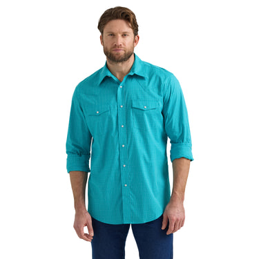 Men's Wrinkle Resistant Blue Plaid Long Sleeve Shirt by Wrangler 112351597