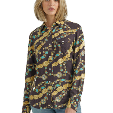 Womens Wrangler® Retro Brown/Turquoise Concho Print Snap Long Sleeve Shirt 112352962