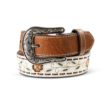 Girls Filigree Flower Leaves White Belt - A1309305