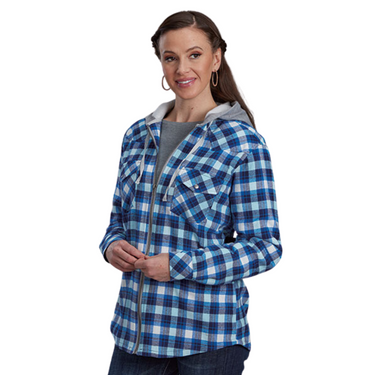 Women's Blue/White Plaid Flannel Lined Zip Up Hoodie