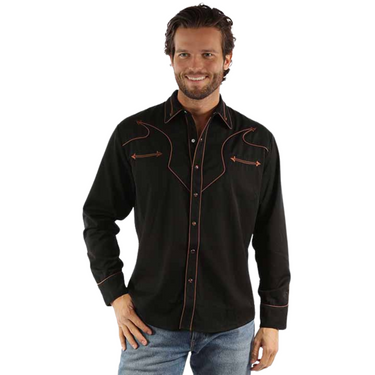 Black & Brown Retro Embroidery Long Sleeve Pearl Snap Shirt