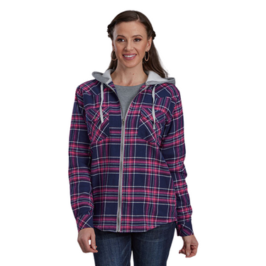 Women's Pink/Navy Plaid Flannel Lined Zip Up Hoodie