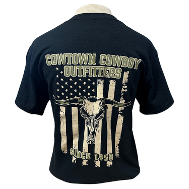 Black Cowtown Cowboy Outfitters Skull With Flag T-Shirt By Mv Sport 207