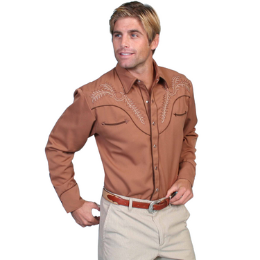 Men's Brown Bootstitch Embroidered Long Sleeve Shirt P-922