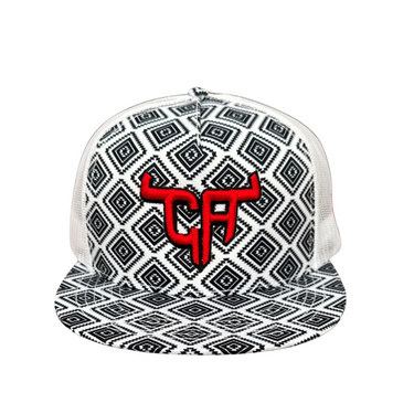 "CA Short Horn" Red Puff - CA Black/White Aztec, Snapback Cap By Cactus Alley Hat Co