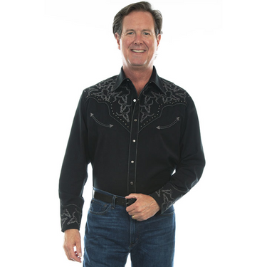 Men's Black Embroidered Bull Skull Shirt By Scully P-912
