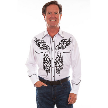 Men's White Long Sleeve Shirt With Black Embroidery By Scully P-914