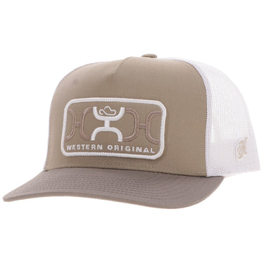 Beige and white trucker hat with a logo and text on a white background