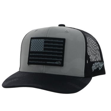 Liberty Roper Grey Camo / Black 6-Panel Trucker with Black / Grey Rectangle Patch 2310T-GYBK