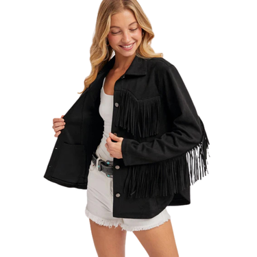 Western Button Down Fringe Vegan Suede Jacket