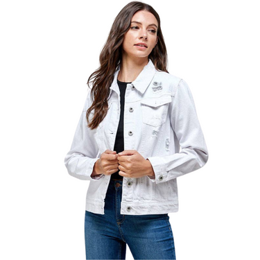 Women's White Distressed Denim Jacket