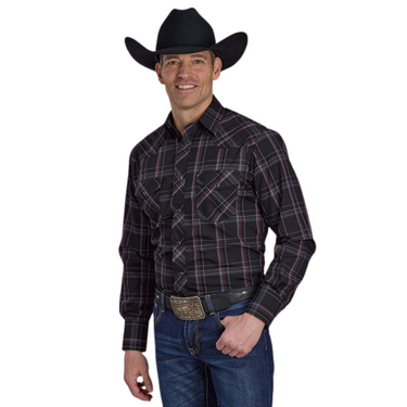 Men's Black Multi Color Plaid Pearl Snap Long Sleeve Shirt