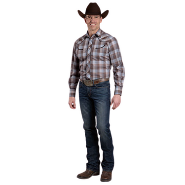 Men's Brown Plaid Piping Yoke Embroidery Long Sleeve Shirt 01-001-0016-7005 BR