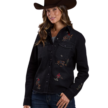 Womens's Black Denim Embroidered Long Sleeve Shirt 11-050-0202-7076 BL