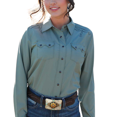Women's Sage Boot Stitch Embroidered Long Sleeve Shirt CTW7501002