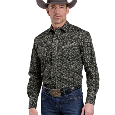 Men's Black/ Grey Floral Long Sleeve Snap Shirt 01-001-0086-7011 BL