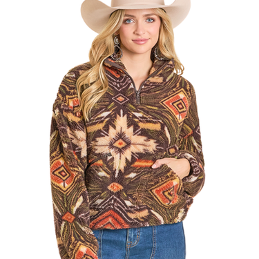 Women's Olive Aztec Print 1/4 Zip Jacket BW91C07815