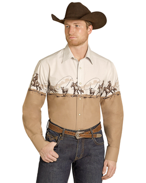 Men's Tan Cowboy Border Long Sleeve Snap Shirt SMN2S07678