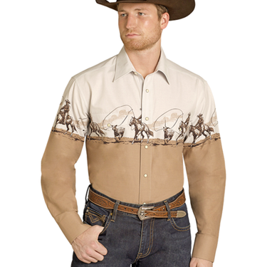 Men's Tan Cowboy Border Long Sleeve Snap Shirt SMN2S07678