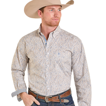 Men's Beige Floral Long Sleeve Button Shirt RMB2S07581