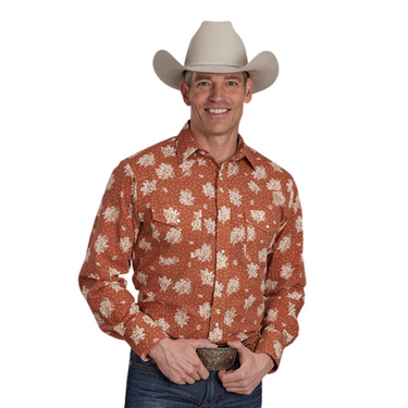 Men's Long Sleeve Burnt Orange Floral Snap Up Shirt By Roper 01-001-0019-0676 OR