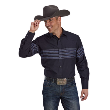Men's Long Sleeve Black/ Blue Border Stripe Snap Up Shirt by Roper 01-001-0043-0675 BL