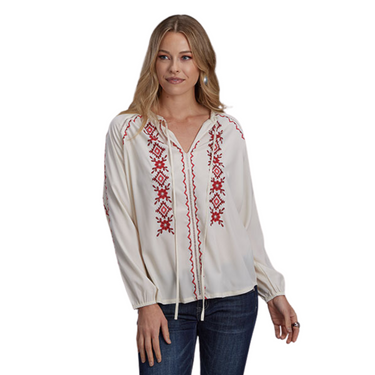 Women's Long Sleeve Embroidery Crepe Peasant Blouse by Roper 03-050-0565-7077 WH