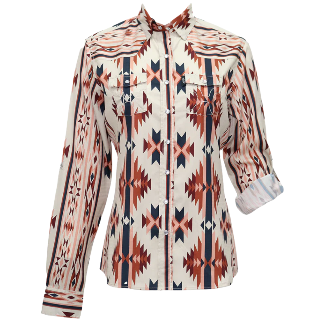 Sol White/Grey Baked Clay Aztec Pearl Snap Long Sleeve Shirt – Cowtown ...