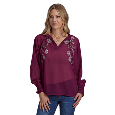 Women's Long Sleeve Wine Embroidered Peasant Blouse by Roper 03-050-0565-7082 WI