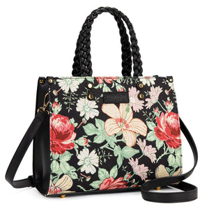 バッグ TRES Black Tote Horn Toggle Braided y2k Wrangler Floral Print Braided Tote Bag - Black WG438-8120BK