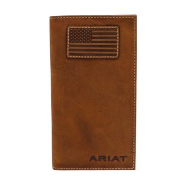 Ariat Men’s Brown Flag Patch Checkbook Leather Rodeo Wallet- A3548344