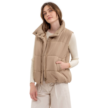 Solid Zip Up Puffer Vest in Mocha