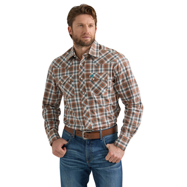 Men's Wrangler Retro Core Brown and Teal Plaid Long Sleeve Snap Shirt 112351481