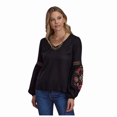 Women's Long Sleeve Embroidered Aztec Floral Blouse by Roper 03-050-0565-7073 BL