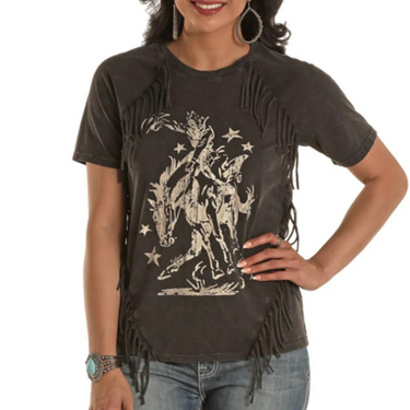 Women's Black Graphic Tee With Fringe LW21T03405
