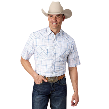 Men's Short Sleeve Shirt White/Blue/Tan Plaid