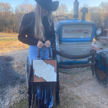 Cowhide and Tooled Leather Fringe Bag Tote