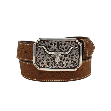 Men's Embossed Leather Belt With Long Horn Buckle By 3D leather