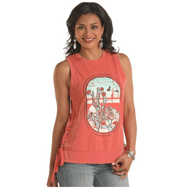 Women's Coral Graphic Lace Up The Side Seam Tank Top LW50T03397