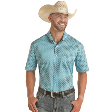 Men's Turquoise Geo Print Short Sleeve Shirt By Panhandle BMB3S03354
