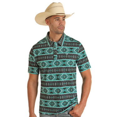 Men's Turquoise Short Sleeve Aztec Stripe Snap Polo Shirt TM51T03517